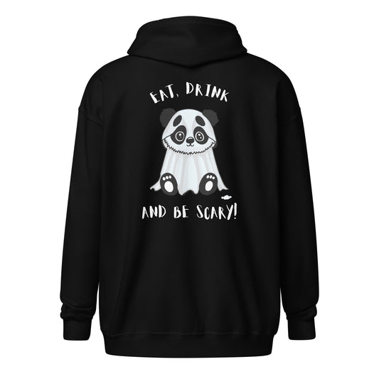 Eat, Drink, and Be Scary Ghost Panda Unisex heavy blend zip hoodie - Supporting Camp Kostopolus