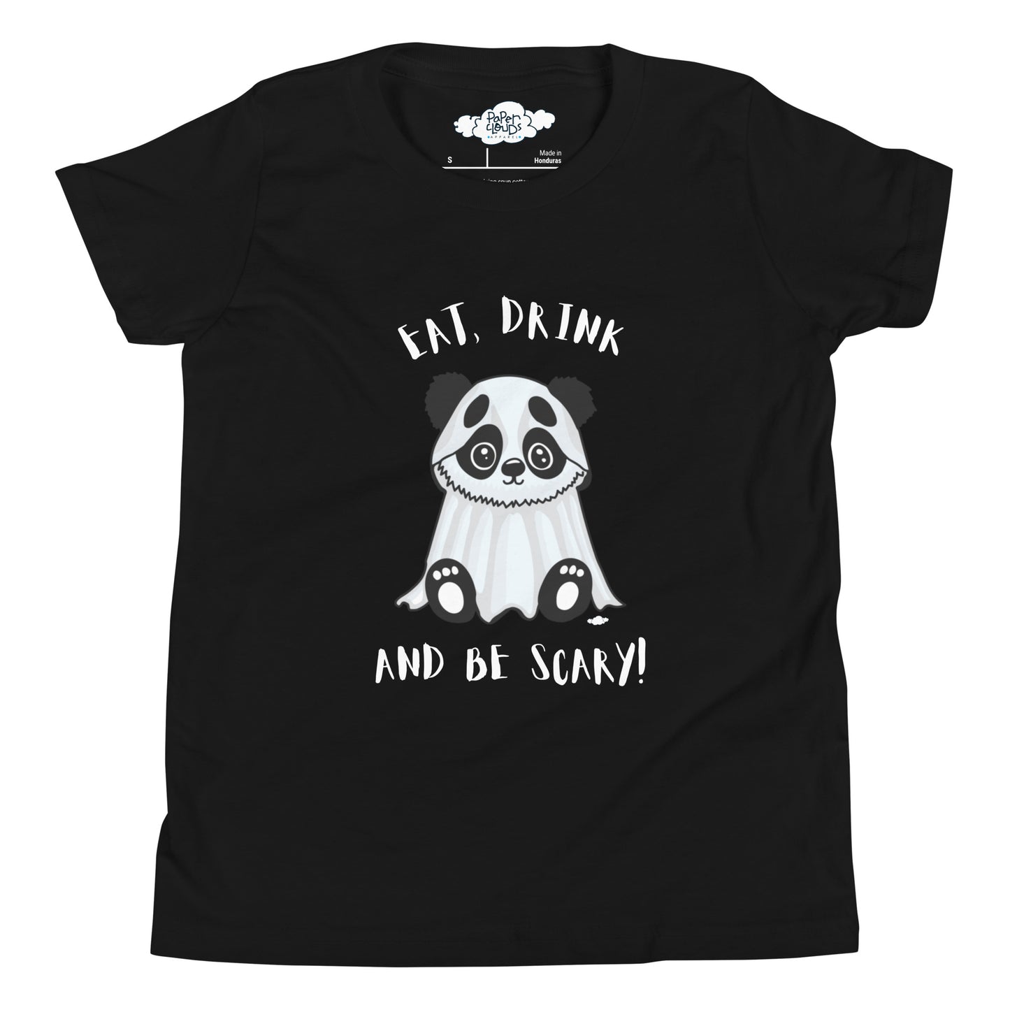 Eat, Drink, and Be Scary Ghost Panda Youth Short Sleeve T-Shirt - Supporting Camp Kostopolus