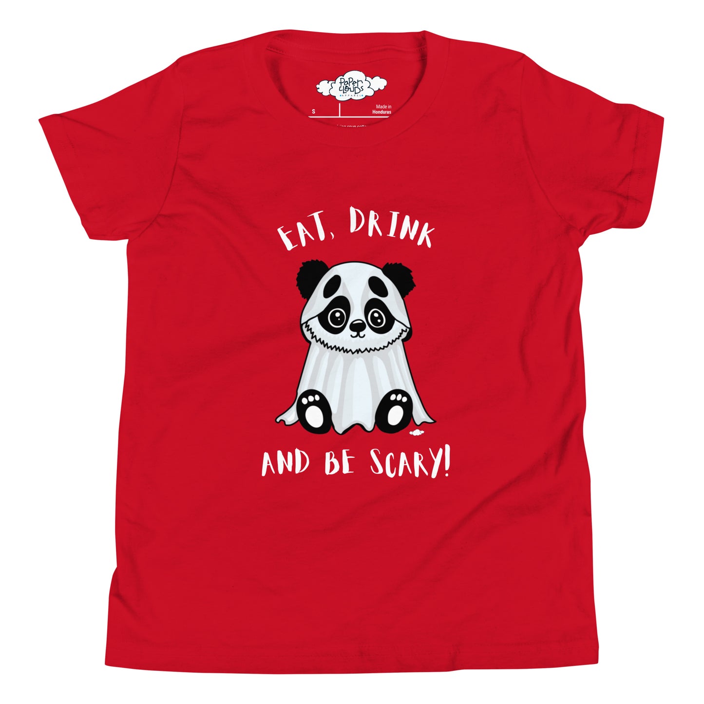 Eat, Drink, and Be Scary Ghost Panda Youth Short Sleeve T-Shirt - Supporting Camp Kostopolus